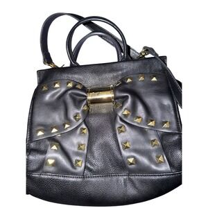 Betsey Johnson Black Leather Bow Studded Satchel Crossbody Handbag Gold Accents‎